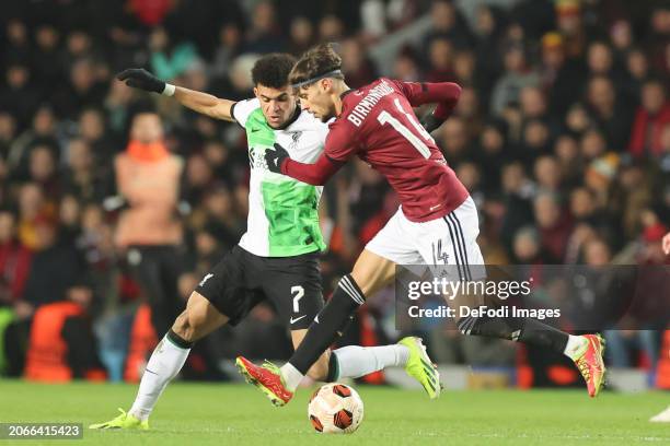 Luis Diaz of Liverpool FC and Veljko Birmancevic of AC Sparta Praha battle for the ball during the UEFA Europa League 2023/24 round of 16 first leg...