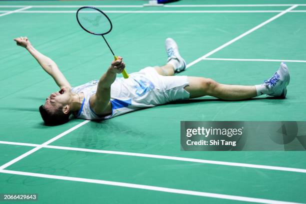 Wang Tzu Wei of Chinese Taipei celebrates the victory in the Men's Singles Second Round match against Viktor Axelsen of Denmark during day three of...