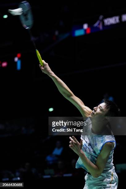 Wang Tzu Wei of Chinese Taipei competes in the Men's Singles Second Round match against Viktor Axelsen of Denmark during day three of the Yonex...