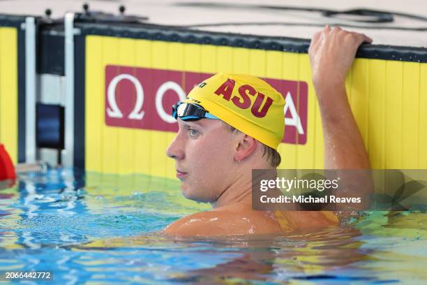 Chase Kalisz looks on after competing in the Men's 400 Meter IM heats on Day 2 of the TYR Pro Swim Series Westmont at FMC Natatorium on March 07,...