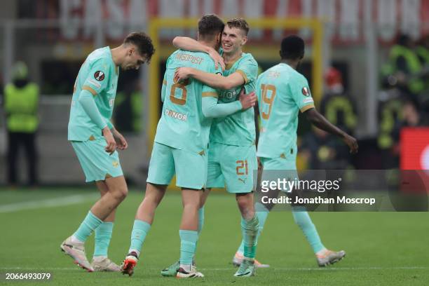 David Doudera of Slavia Praha celebrates with team mate Lukas Masopust after scoring to level the game at 1-1 during the UEFA Europa League 2023/24...