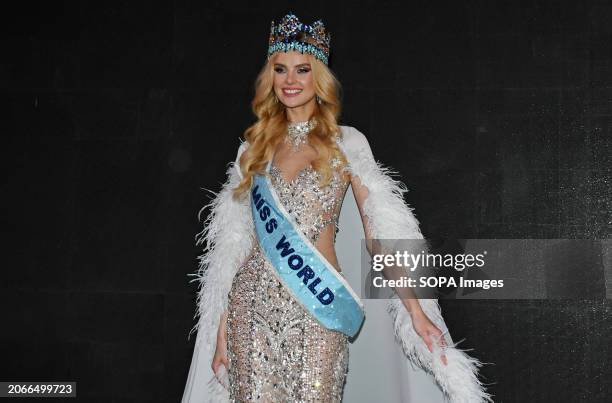 Czech Republic's Krystyna Pyszkova poses for a photo after winning the 71st Miss World 2023 finals in Mumbai.