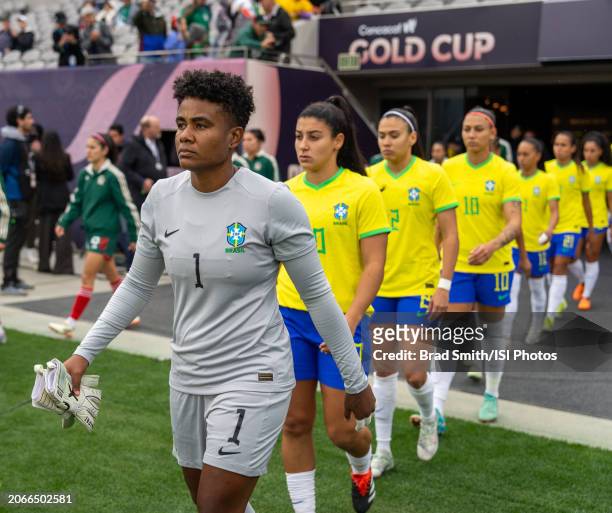 Luciana of Brazil walks onto the field before a 2024 Concacaf W Gold Cup semifinal match between Mexico and Brazil at Snapdragon Stadium on March 6,...