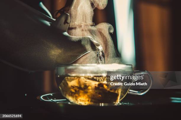 pouring hot water in a glass with tea. - broken mug stock pictures, royalty-free photos & images