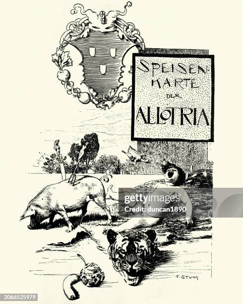 stockillustraties, clipart, cartoons en iconen met vintage illustration, speisekarte der allotria, tomfoolery, german, jugendstil, art nouveau, 1890s, 19th century. - speisekarte