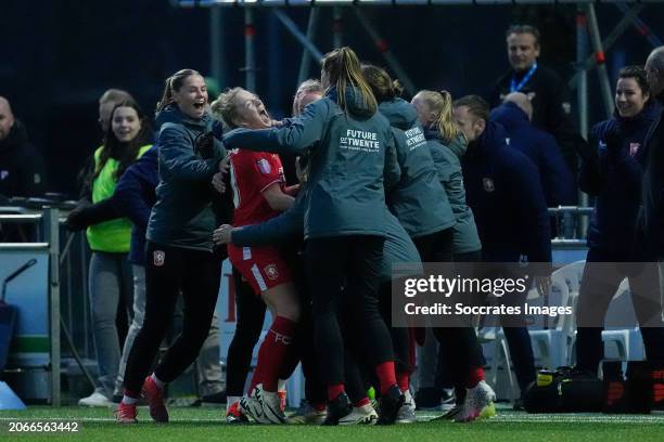 Elena Dhont of FC Twente Women celebrates her goal 2-1 during the Dutch Eredivisie Women match between Fc Twente Women v PSV Women at the Sportpark...