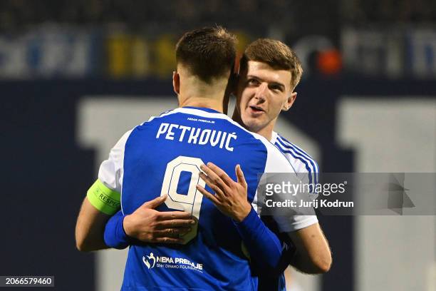 Bruno Petkovic of GNK Dinamo Zagreb celebrates scoring his team's second goal with teammate Petar Sucic during the UEFA Europa Conference League...