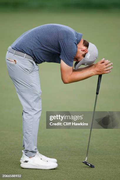 Matt Fitzpatrick of England reacts to a missed putt on the 18th hole during the first round of the Arnold Palmer Invitational presented by Mastercard...