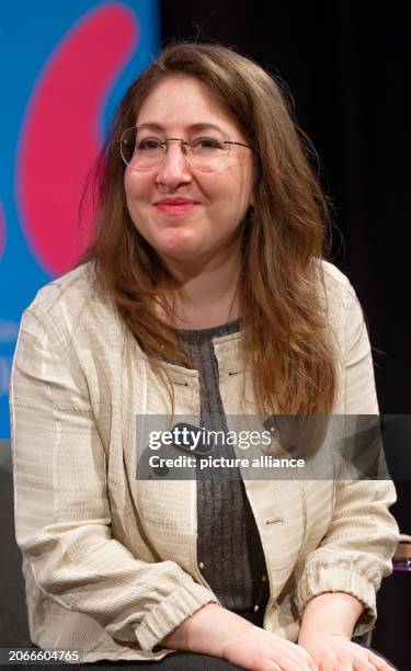 March 2024, North Rhine-Westphalia, Cologne: Writer Deborah Feldman sits on stage at a Lit.Cologne event. Feldmann took part in a discussion entitled...