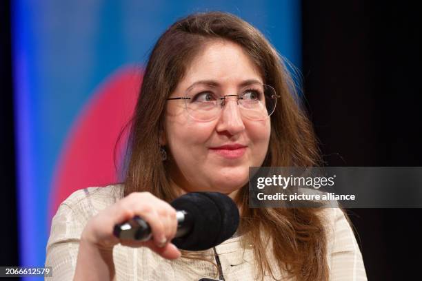 March 2024, North Rhine-Westphalia, Cologne: Writer Deborah Feldman sits on stage at a Lit.Cologne event. Feldmann took part in a discussion entitled...