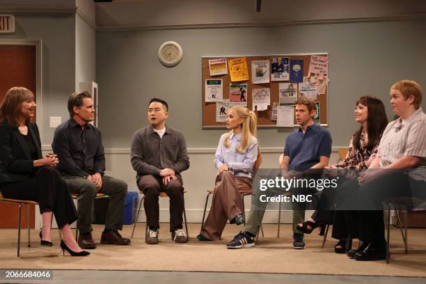 Episode 1858 -- Pictured: Heidi Gardner, Josh Brolin as Mike, Bowen Yang as Charlie, Ariana Grande as Serafina, Mikey Day, Sarah Sherman as Celine...