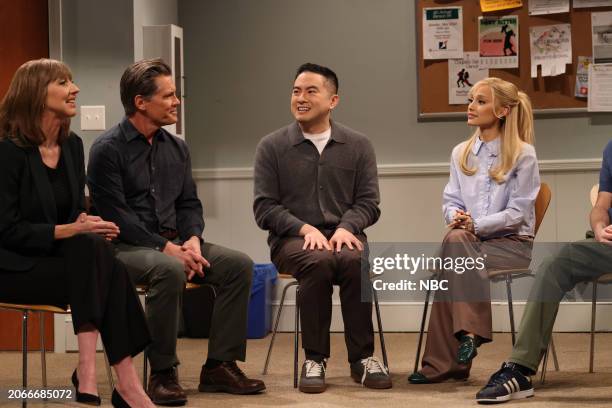 Episode 1858 -- Pictured: Heidi Gardner, Josh Brolin as Mike, Bowen Yang as Charlie and Ariana Grande as Serafina during the "People Pleaser Support...