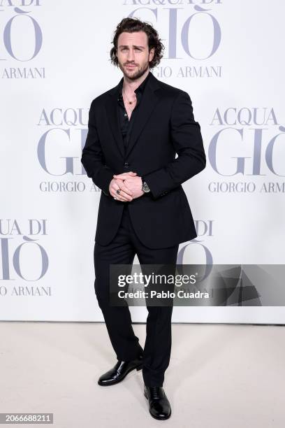 Aaron Taylor-Johnson attends the Madrid photocall for "ACQUA DI GIO" By Giorgio Armani at Matadero Madrid on March 07, 2024 in Madrid, Spain.