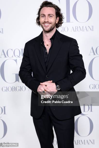 Aaron Taylor-Johnson attends the Madrid photocall for "ACQUA DI GIO" By Giorgio Armani at Matadero Madrid on March 07, 2024 in Madrid, Spain.