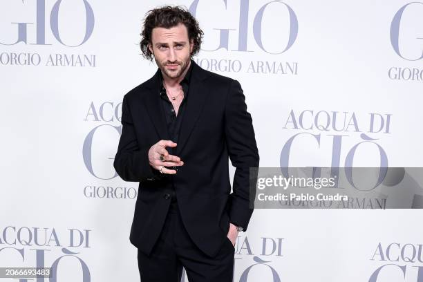 Aaron Taylor-Johnson attends the Madrid photocall for "ACQUA DI GIO" By Giorgio Armani at Matadero Madrid on March 07, 2024 in Madrid, Spain.