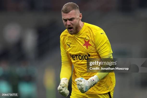 Jindrich Stanek of Slavia Praha celebrates after team mate Ivan Schranz scored to pull a goal back and reduce the arrears to 3-2 during the UEFA...