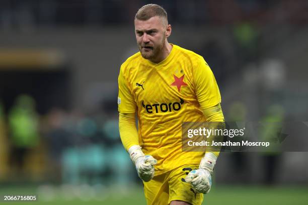 Jindrich Stanek of Slavia Praha celebrates after team mate Ivan Schranz scored to pull a goal back and reduce the arrears to 3-2 during the UEFA...