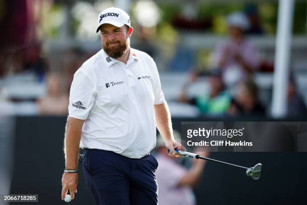 Shane Lowry of Ireland reacts after making a birdie on the 17th hole during the first round of the Arnold Palmer Invitational presented by Mastercard...