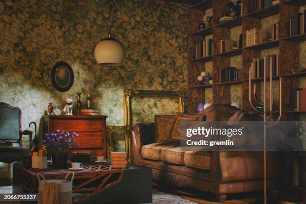 old retro living room - vol fysieke beschrijving stockfoto's en -beelden