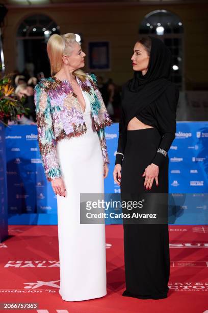 Belén Rueda and Hiba Abouk attend the 'La Abadesa' premiere during the Malaga Film Festival 2024 at the Cervantes Theater on March 07, 2024 in...
