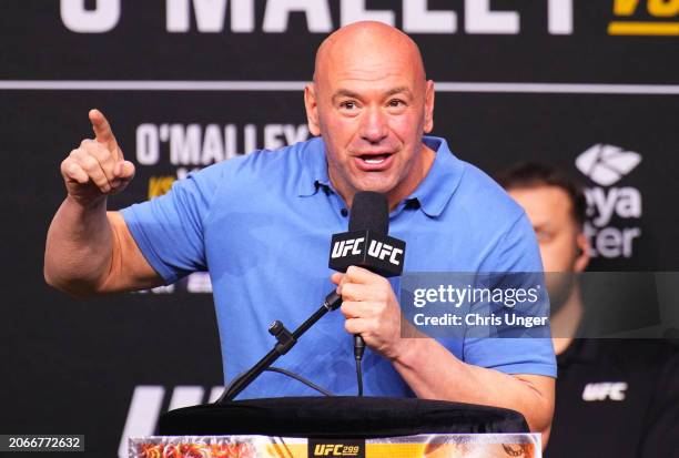 Dana White is seen on stage during the UFC 299 press conference at Kaseya Center on March 07, 2024 in Miami, Florida.