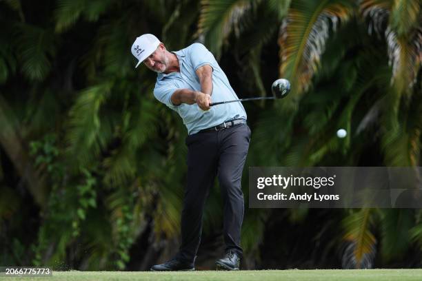 Scott Piercy of the United States plays his shot from the fourth tee during the first round of the Puerto Rico Open at Grand Reserve Golf Club on...