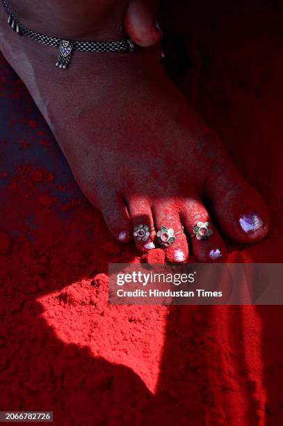 Making of gulal color and keeping them under sunlight is in process at sector-20 ahead of the Holi festival, on March 10, 2024 in Noida, India. Gulal...