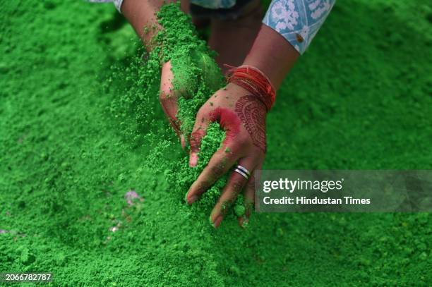 Making of gulal color and keeping them under sunlight is in process at sector-20 ahead of the Holi festival, on March 10, 2024 in Noida, India. Gulal...