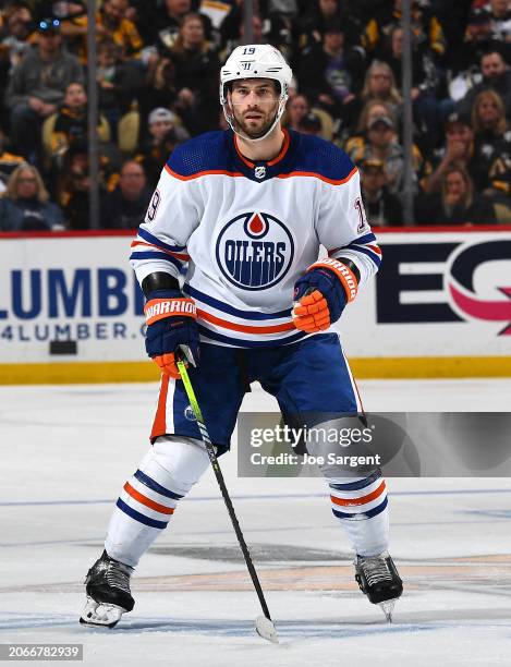 Adam Henrique of the Edmonton Oilers skates during the second period against the Pittsburgh Penguins at PPG PAINTS Arena on March 10, 2024 in...