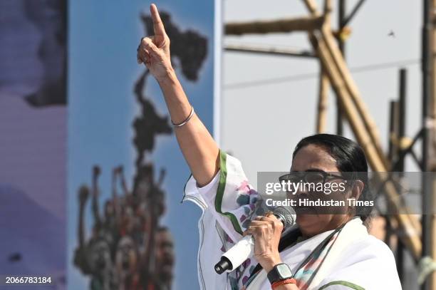 Chief Minister of West Bengal and All India Trinamool Congress Chairperson Mamata Banerjee addresses in 'Jonogorjon' Rally and launched her party's...
