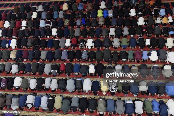 An aerial view of people performing the first taraweeh prayer of Ramadan at Muhammad al-Amin Mosque in Beirut, Lebanon on March 10, 2024.