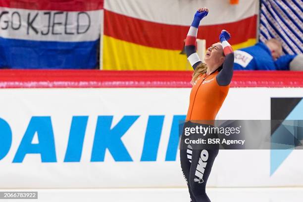 Joy Beune of The Netherlands celebrating after competing on the Women's 5000m during the ISU World Speed Skating Allround Championships at Max Aicher...