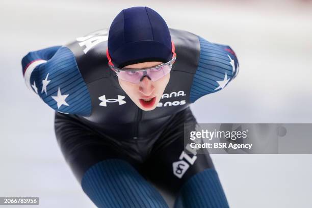 Jordan Stolz of USA competing on the Men's 10000m during the ISU World Speed Skating Allround Championships at Max Aicher Arena on March 10, 2024 in...
