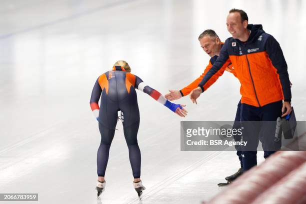 Joy Beune of The Netherlands, coaches Erik Bouwman and Martin ten Hove competing on the Women's 5000m during the ISU World Speed Skating Allround...