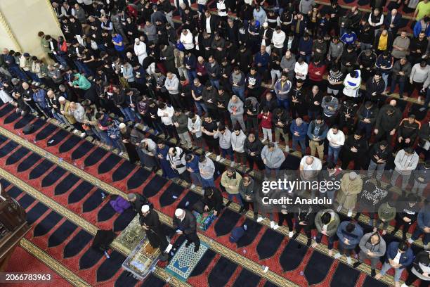 An aerial view of people performing the first taraweeh prayer of Ramadan at Muhammad al-Amin Mosque in Beirut, Lebanon on March 10, 2024.