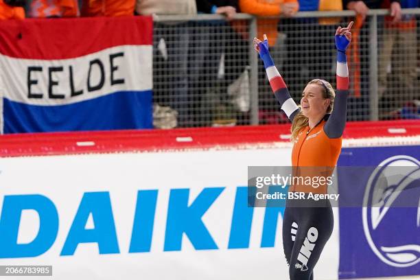 Joy Beune of The Netherlands celebrating after competing on the Women's 5000m during the ISU World Speed Skating Allround Championships at Max Aicher...