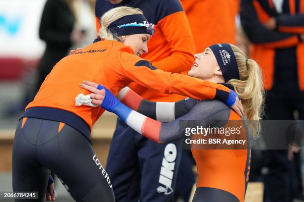 Marijke Groenewoud of The Netherlands, Joy Beune of The Netherlands after competing on the Women's 5000m during the ISU World Speed Skating Allround...