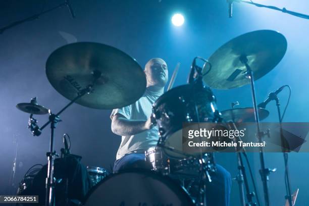Norwegian drummer and member of AURORA band, Sigmund Vestrheim performs as opening act at USF verftet venue during her Norway tour on March 9, 2024...