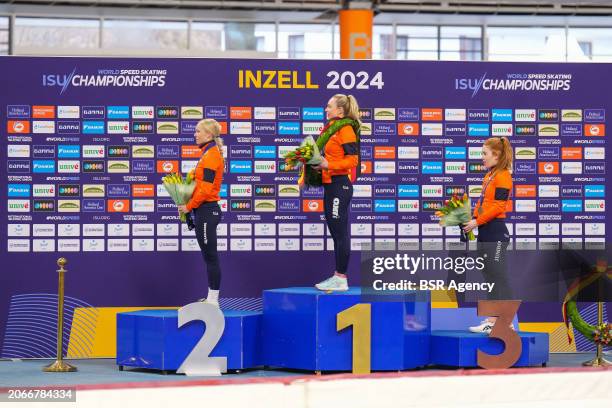 Marijke Groenewoud of The Netherlands, Joy Beune of The Netherlands, Antoinette Rijpma-De Jong of The Netherlands during the medal ceremony after the...