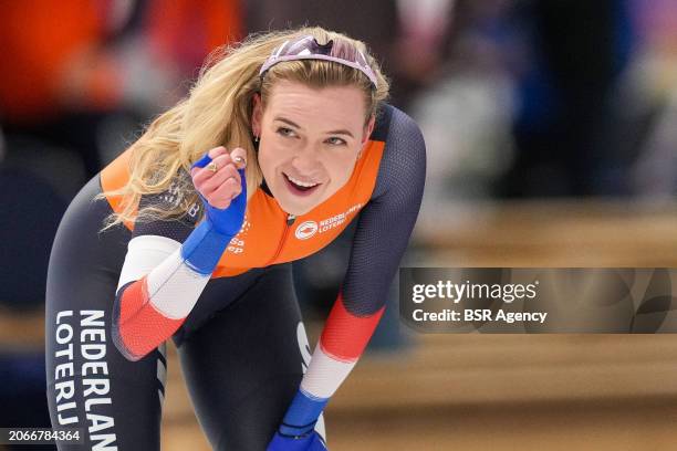 Joy Beune of The Netherlands celebrating her win after competing on the Women's 5000m during the ISU World Speed Skating Allround Championships at...