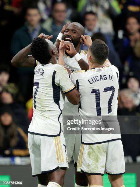 Vinicius Jr of Real Madrid, Antonio Rudiger of Real Madrid, Lucas Vazquez of Real Madrid celebrate the 2-0 during the LaLiga EA Sports match between...