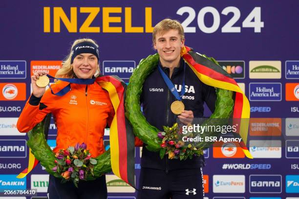 Joy Beune of The Netherlands, Jordan Stolz of USA during the medal ceremony after the ISU World Speed Skating Allround Championships at Max Aicher...