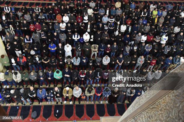 An aerial view of people performing the first taraweeh prayer of Ramadan at Muhammad al-Amin Mosque in Beirut, Lebanon on March 10, 2024.