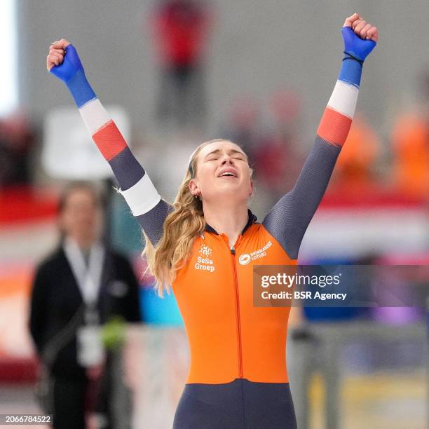 Joy Beune of The Netherlands celebrating her win after competing on the Women's 5000m during the ISU World Speed Skating Allround Championships at...