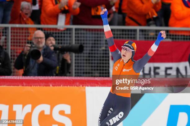 Joy Beune of The Netherlands competing on the Women's 1500m during the ISU World Speed Skating Allround Championships at Max Aicher Arena on March...