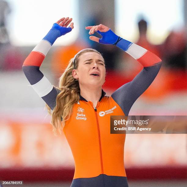 Joy Beune of The Netherlands celebrating her win after competing on the Women's 5000m during the ISU World Speed Skating Allround Championships at...