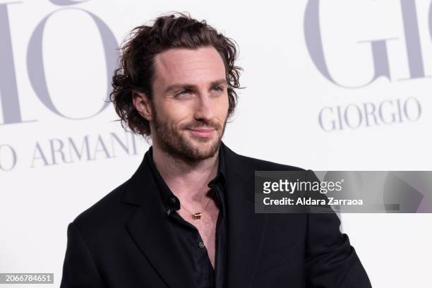 Aaron Taylor-Johnson attends the Madrid photocall for "ACQUA DI GIO" By Giorgio Armani at Matadero Madrid on March 07, 2024 in Madrid, Spain.