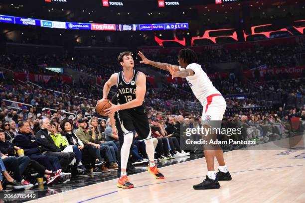 Danilo Gallinari of the Milwaukee Bucks handles the ball during the game against the LA Clippers on March 10, 2024 at Crypto.Com Arena in Los...