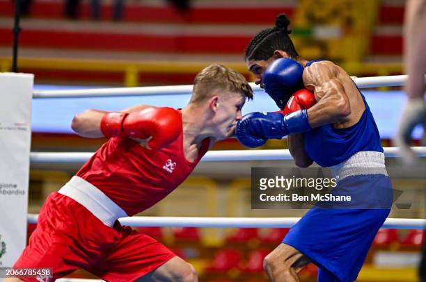 Lombardy , Italy - 10 March 2024; Owain Harris-Allan of Great Britain, left, in action against Lucas Alexander Fernandez Garcia of Uruguay during...