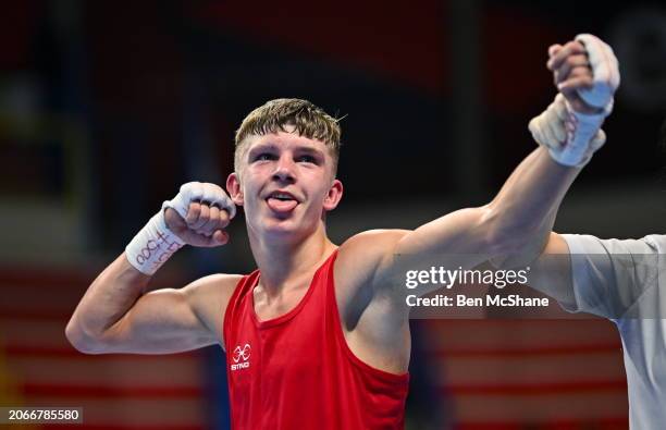 Lombardy , Italy - 10 March 2024; Owain Harris-Allan of Great Britain celebrates after winning their Men's 57kg Round of 16 bout against Lucas...